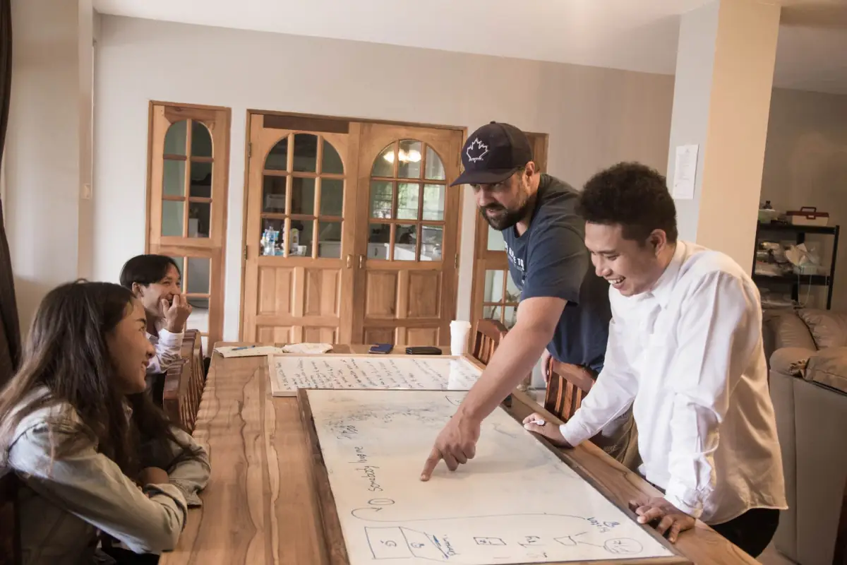 People planning a project together around a whiteboard